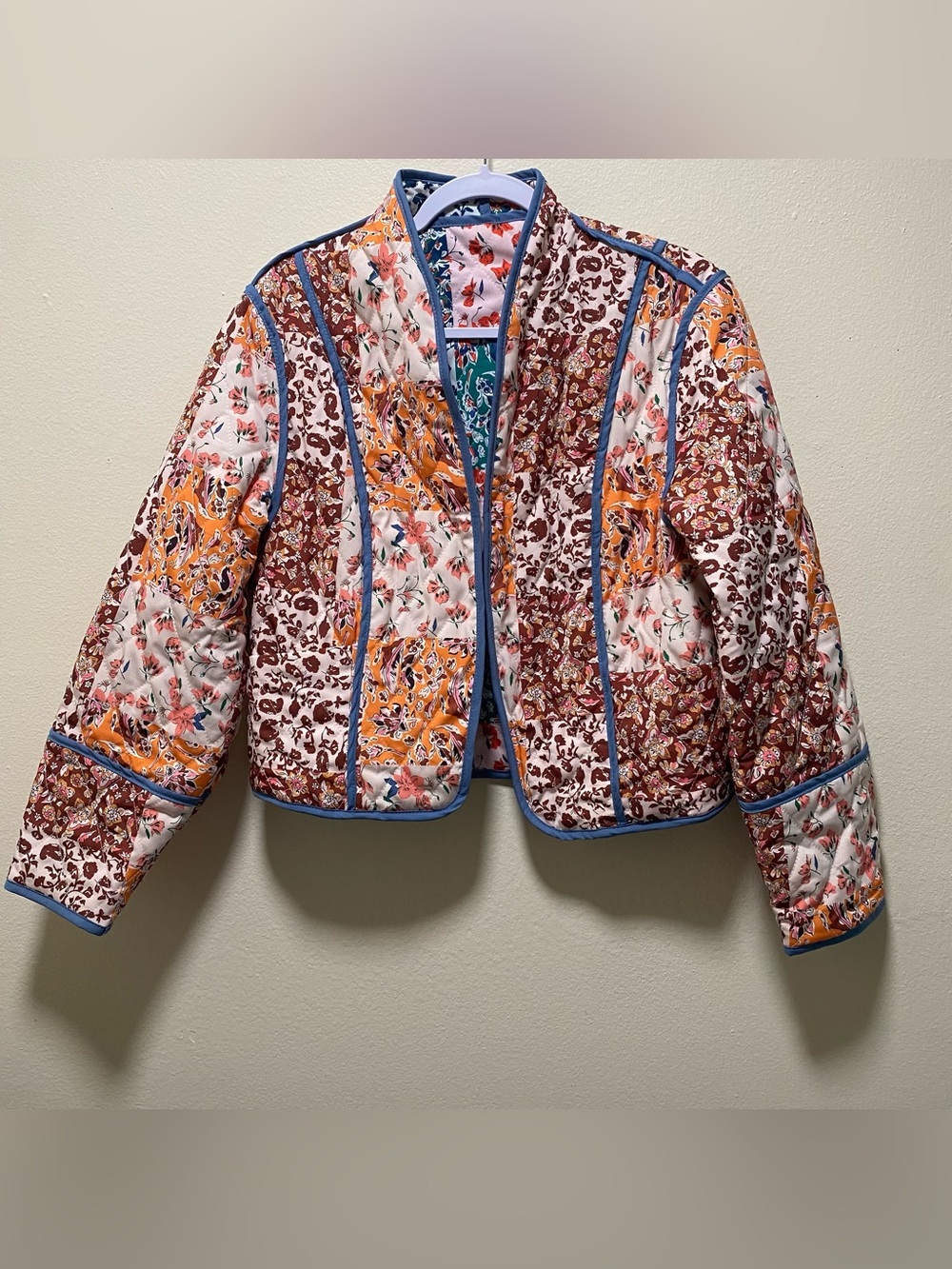 Boho Patchwork Quilted Open Front Jacket with Blue Piping
